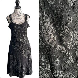 Vintage 90s Y2K Terra Nostra Black Silver Lace Slip Dress Size Large (12)